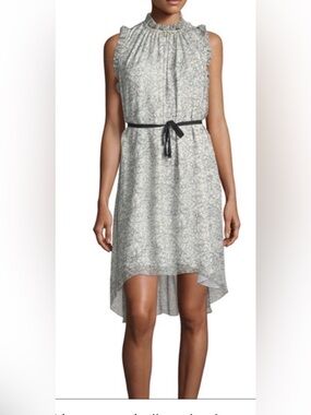 Elie Tahari 100% Silk Abstract Print High Low Midi Dress M Belted